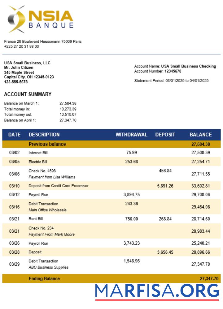 Realistic NSIA Banque business bank statement Word and PDF format real example